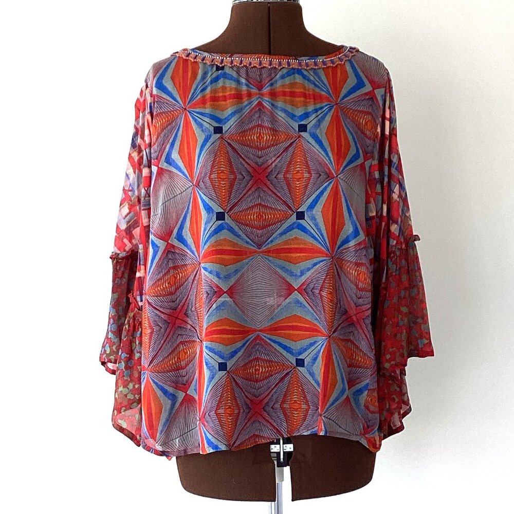 Colourful Geometric Print Top with Flounce Sleeves